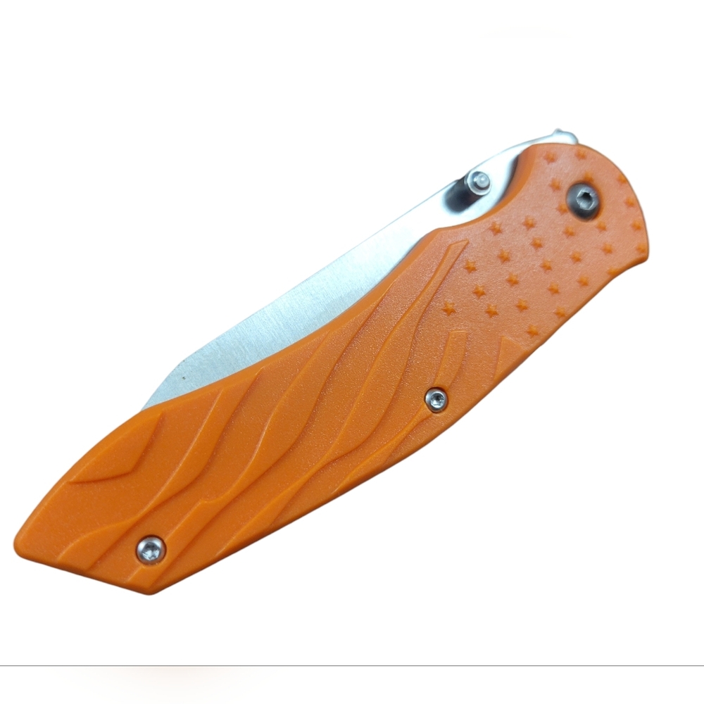 318 // Stars and Stripes Extended Tang Satin Linerlock Knife // Orange - Picture 3 of 4